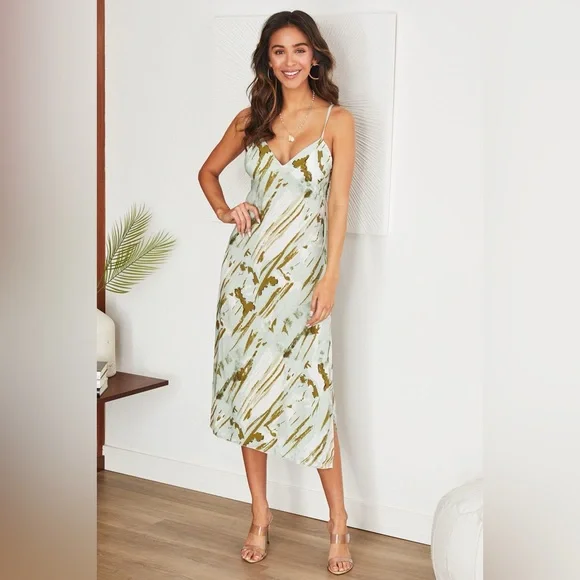 (6800-GRN) BRUSHSTROKE PRINT CAMI SLIP DRESS - Picture 1 of 3